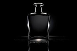 A stylish and modern shampoo bottle stands isolated, reflecting light softly, creating an elegant silhouette in the dark. photo