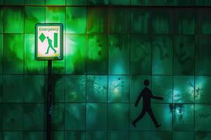 An isolated emergency exit sign illuminates a tiled wall as a silhouette walks toward safety in a dimly lit environment. photo