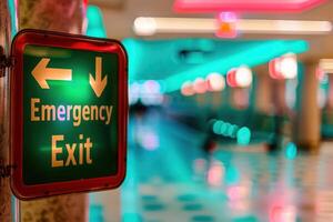 A glowing emergency exit sign signals safe passage with arrows pointing left and right in a colorful corridor. photo