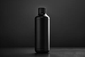 A sleek black bottle of mens shampoo sits upright against a moody dark backdrop, emphasizing its modern design. photo