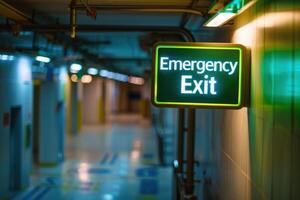 A bright emergency exit sign glows in a quiet, dark corridor, providing direction and reassurance in an isolated space. photo