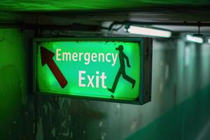 A vibrant green emergency exit sign shines brightly, directing individuals towards safety in a shadowy corridor. photo
