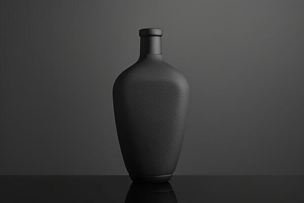 A solitary black shampoo bottle stands elegantly against a shadowy background, showcasing its modern design and sophisticated texture.