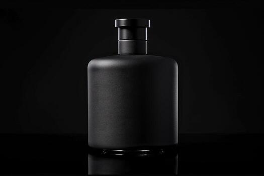 un elegante, aislado negro champú botella soportes fuera en contra un profundo, oscuro fondo, enfatizando sus moderno diseño. foto