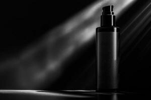 An elegant bottle of mens shampoo stands alone, highlighted by soft rays of light, creating a striking visual in a dark space. photo