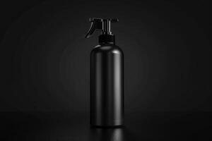 A single bottle of shampoo, black in color, sits on a black surface. It has a sleek design and a silver pump. The background is also black, creating a simple and elegant image. photo