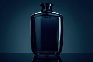 A solitary black bottle of shampoo stands elegantly, illuminated by soft lighting, highlighting its sleek contours and stylish form. photo