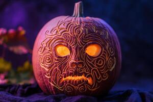A stunning carved pumpkin features a detailed, eerie face illuminated from within, creating an enchanting glow in a dim atmosphere. photo