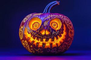 A beautifully carved pumpkin showcases elaborate designs, illuminated from within, creating an enchanting and eerie atmosphere perfect for Halloween celebrations. photo