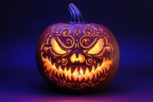 A beautifully carved pumpkin, featuring an elaborate design, radiates warm light against a deep purple background, embodying the spirit of Halloween. photo