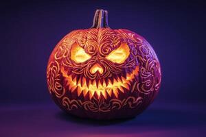 A stunningly carved pumpkin radiates warmth with its flickering light, showcasing intricate designs that captivate and intrigue. photo