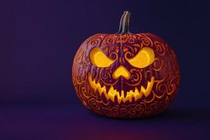 A beautifully carved pumpkin radiates a warm glow, showcasing intricate designs perfect for Halloween celebrations. photo