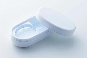 An open contact lens case displays a single lens resting in its fluid, capturing a moment of daily eye care. photo