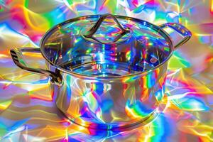 An isolated cooking pot displays a dazzling array of holographic colors, casting playful reflections in the surrounding space. photo
