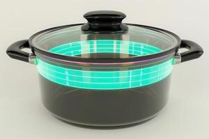 A sleek cooking pot features a vibrant holographic display, showcasing an interactive recipe guide for culinary adventures. photo