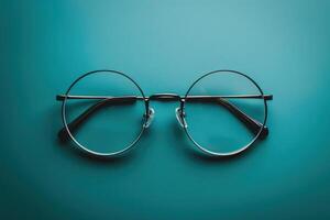 Stylish glasses lie alone on a vibrant teal surface, their frames reflecting a minimalist design complemented by gentle light. photo