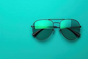 A pair of chic sunglasses sits elegantly on a bright turquoise background, reflecting a playful ambiance and inviting attention. photo