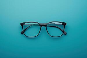 A stylish pair of sleek modern glasses rests elegantly on a bright turquoise surface, showcasing contemporary design and aesthetic appeal. photo