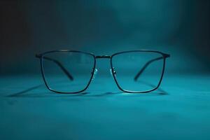 A chic pair of modern glasses rests symmetrically, reflecting light against a calming blue background, creating a stylish focal point. photo