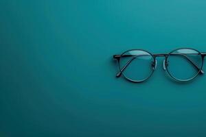 A chic pair of contemporary glasses lies gracefully on a striking teal backdrop, showcasing its elegant design. photo