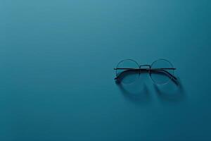 A pair of fashionable glasses lies alone on a deep teal surface, casting delicate shadows while inviting exploration. photo