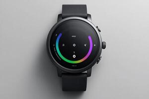 A beautifully crafted smartwatch sits alone, highlighting its modern design and colorful display against a minimalistic background. photo