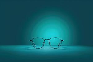 An isolated pair of sleek, modern glasses rests on a smooth surface, elegantly highlighted by a teal glow that enhances their design. photo