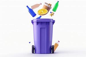 An isolated recycling bin displays floating, holographic recyclable items, including bottles and containers, in a clean, bright environment. photo