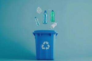 Colorful bottles hover above a recycling bin, creating an artistic display that emphasizes the importance of recycling and sustainability. photo