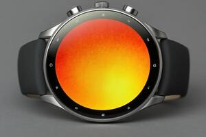 An isolated premium smartwatch features a stunning gradient display in warm hues, capturing attention in a minimalistic setting. photo