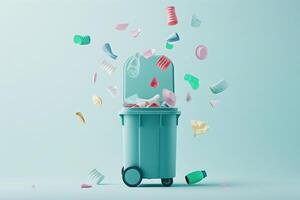 An isolated recycling bin bursts with a playful array of vibrant waste materials suspended in mid-air, creating a lively atmosphere. photo