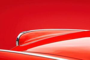 A slightly crumpled fender shines with striking curves and chrome details, set against a bold red background that enhances its classic beauty. photo