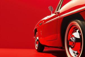 A slightly crumpled red fender stands alone, gleaming under bright light, with reflections dancing on its polished surface. photo