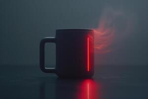 An isolated smart coffee mug releases steam, illuminated by a glowing red line, capturing an atmosphere of innovation and warmth. photo