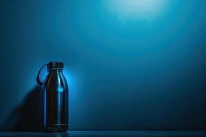 An elegant water bottle stands alone, reflecting light in a striking holographic display amidst a tranquil blue environment. photo