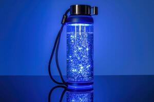 A sleek water bottle stands alone, glowing with ethereal blue light and shimmering particles, creating a captivating visual display. photo