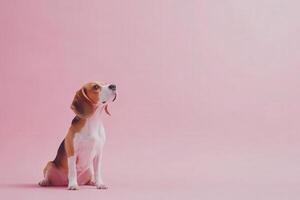 A beagle sits elegantly on a smooth surface, its curious gaze directed upward. The soft pink background enhances its playful, gentle nature. photo