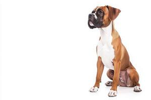 A lively boxer dog sits gracefully, showcasing its sleek coat and expressive face, creating a charming focal point against the clean backdrop. photo