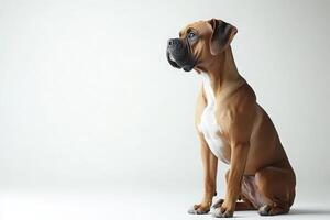 A boxer dog stands elegantly, showcasing its strong physique and expressive eyes, creating a striking contrast against the simple background. photo