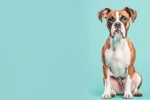 A cheerful boxer dog sits calmly against a vibrant solid background, showcasing its playful nature and expressive features. photo