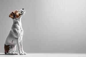 A boxer dog sits alert and attentive, gazing upwards, framed by a clean, solid background that enhances its striking features. photo