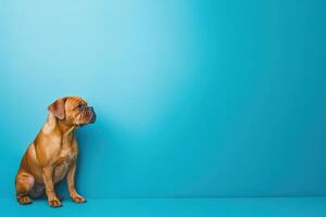 A boxer dog sits calmly on a smooth surface, gazing thoughtfully at the vibrant turquoise backdrop, highlighting its playful personality. photo