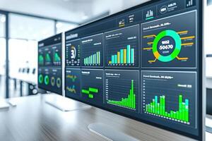 Advanced analytics and colorful graphs showcase the capabilities of effective CRM automation in a contemporary office. photo