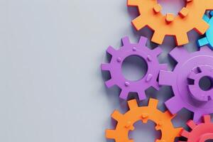 Vibrant gears in purple, orange, and blue showcase the concept of CRM automation in a modern setting. photo