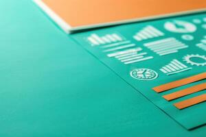 A collection of icons and symbols representing CRM concepts arranged neatly on a teal backdrop, showcasing artistic design elements. photo