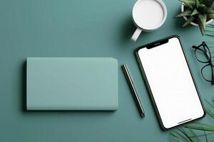 An organized workspace showcases a sleek CRM software interface alongside a phone, notebook, pen, and a cup, creating an inviting atmosphere for productivity. photo