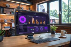 A sleek CRM software interface is showcased on a modern desktop, highlighting data visualization and user-friendly design in a well-lit workspace. photo