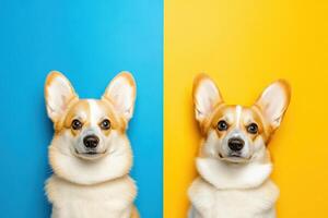A playful corgi sits calmly, showcasing its delightful expression against a striking blue and yellow backdrop, radiating joy and charm. photo