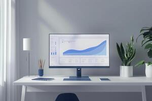 A contemporary desk setup features a computer displaying CRM analytics with vibrant blue graphs, surrounded by minimalistic decor. photo