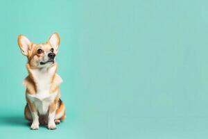 A delightful Corgi sits attentively on a smooth background, exuding charm and playfulness in its expressive pose. photo